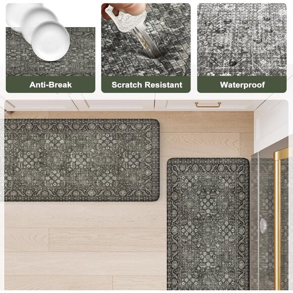 New 2Pcs Green Kitchen Mat Set, Non Slip Waterproof Cushioned Rugs for Floor - Picture 6 of 9